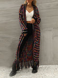 xakxx Long Sleeves Loose Plaid Tasseled Collarless Cardigan Tops