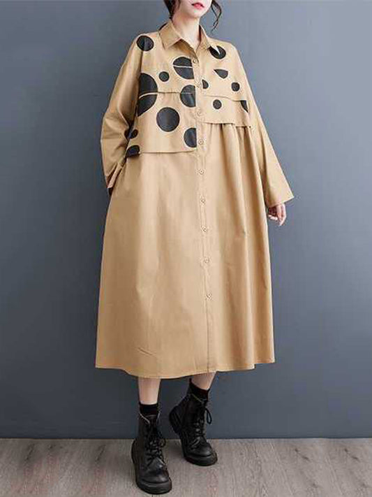 xakxx A-Line Long Sleeves Asymmetric Buttoned Polka Dot Split-Joint Lapel Midi Dresses