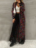 xakxx Long Sleeves Loose Plaid Tasseled Collarless Cardigan Tops