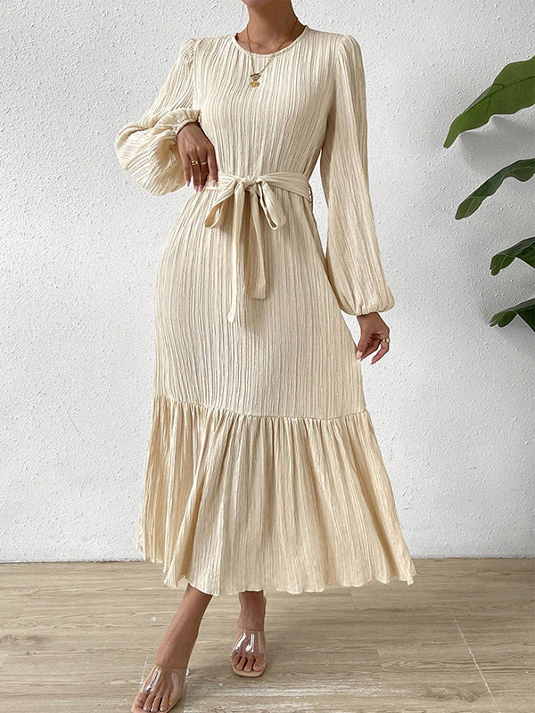 xakxx A-line Long Sleeves Elasticity Pleated Solid Color Split-Joint Tied Waist Round-neck Midi Dresses