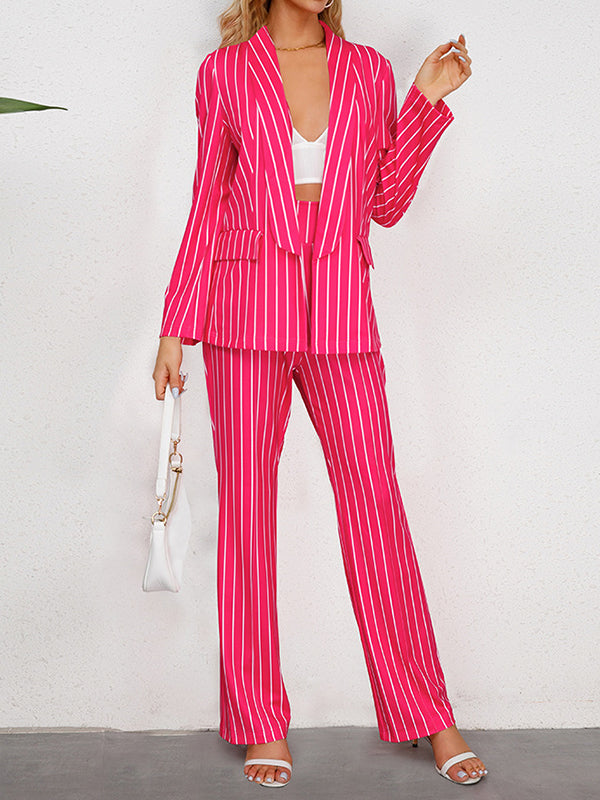 xakxx Long Sleeves Striped Lapel Blazer Top + Wide Leg Pants Bottom Two Pieces Set