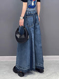 xakxx Loose Wide Leg Contrast Color Drawstring Fringed Pockets Jean Pants Bottoms