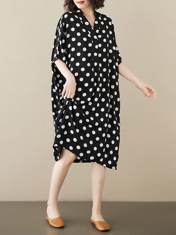 xakxx Loose Short Sleeves Polka-Dot V-Neck Midi Dresses