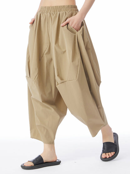 xakxx Harem Pants Loose Elasticity Pleated Solid Color Split-Joint Cropped Trousers Pants