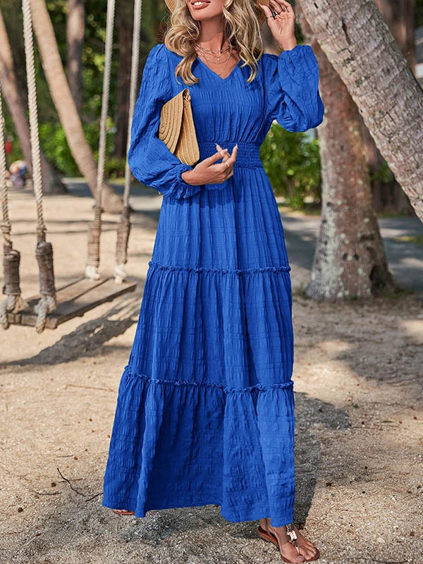 xakxx A-Line Long Sleeves Elasticity Solid Color Split-Joint V-Neck Maxi Dresses