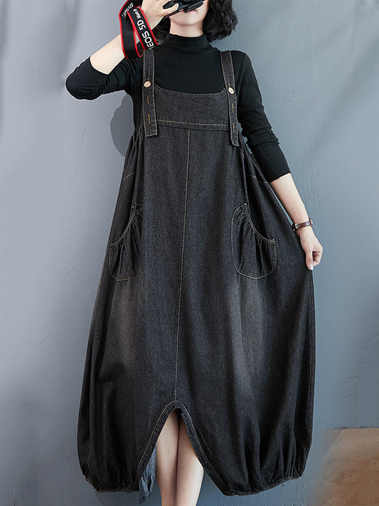 xakxx Simple Denim Buttoned Overalls&Dress