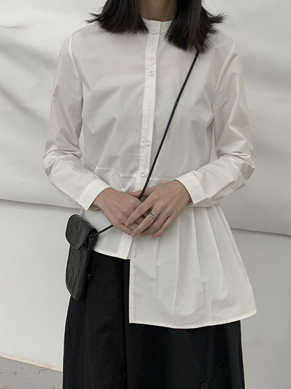 xakxx Long Sleeves Asymmetric Buttoned Pleated Solid Color Round-Neck Blouses&Shirts Tops