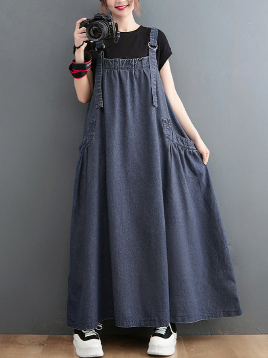 xakxx Vintage Loose Artistic Retro Solid Color Strap Denim Midi Dress