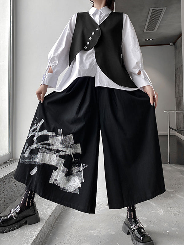 xakxx Original Loose Lace-Up Hollow Sleeve Blouse+Black Vest+Wide Leg Pants Culotte Three Pieces Set