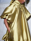 xakxx Loose Puff Sleeves Falbala Solid Color High Neck Mini Dresses Short Dresses
