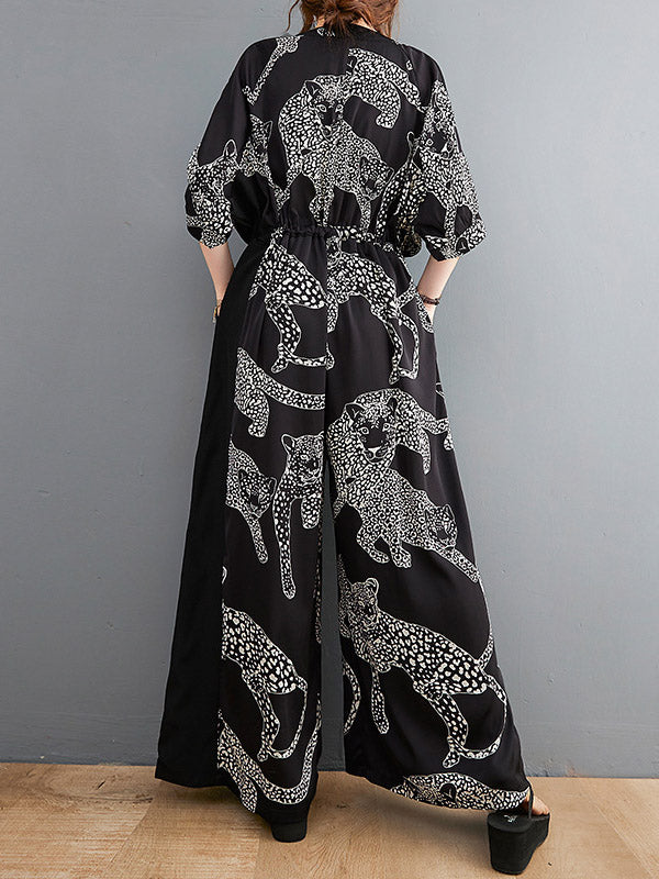 xakxx Vintage Original Floral Leopard Printed Split-Joint Tied V-Neck Half Sleeves Wide Leg Jumpsuits