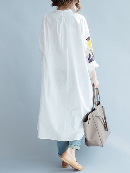 xakxx White Asymmetric Printed Split-Side Long Sleeves Shirt Dress