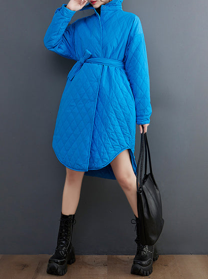 xakxx Simple Loose Rhombic Belted Solid Color Lapel Padded Coat