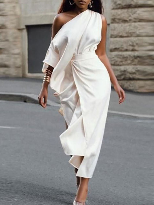 xakxx Asymmetric Split-Side One-Shoulder Midi Dresses