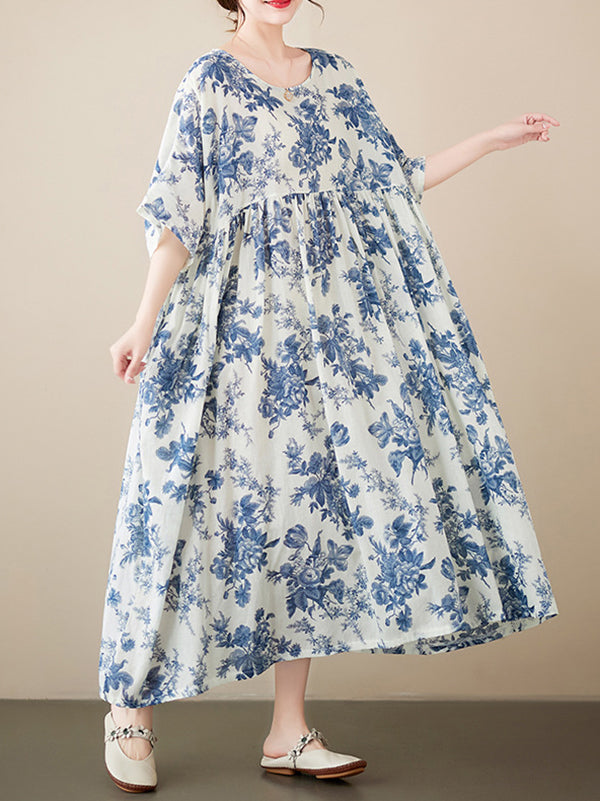 xakxx Loose Short Sleeves Floral Printed Pleated Split-Joint Round-Neck Midi Dresses