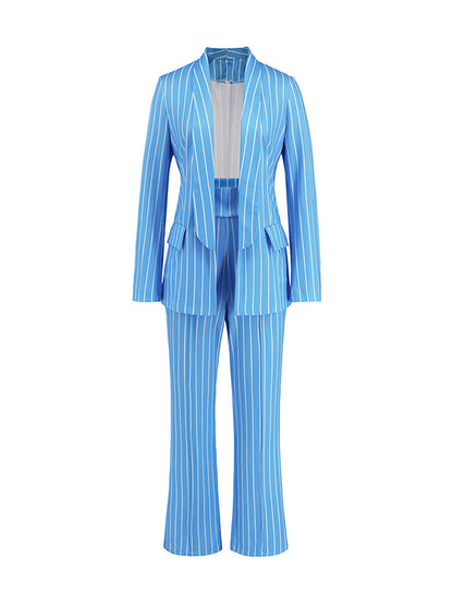 xakxx Long Sleeves Striped Lapel Blazer Top + Wide Leg Pants Bottom Two Pieces Set