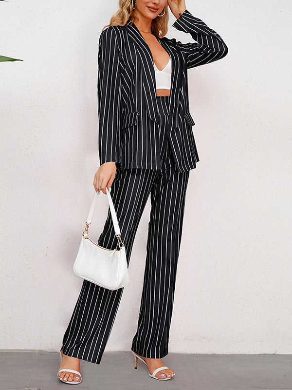 xakxx Long Sleeves Striped Lapel Blazer Top + Wide Leg Pants Bottom Two Pieces Set