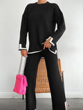 xakxx xakxx-Urban Loose Contrast Color Long Sleeves Round-Neck Sweater Tops & Pants Suits