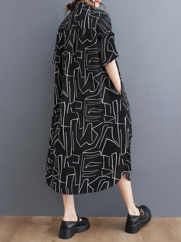 xakxx Loose Abstract Printed Lapel Midi Dresses