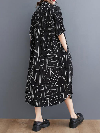 xakxx Loose Abstract Printed Lapel Midi Dresses