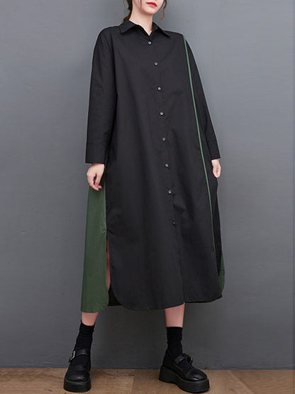 xakxx Long Sleeves Loose Asymmetric Buttoned Split-Joint Split-Side Lapel Midi Dresses Shirt Dress