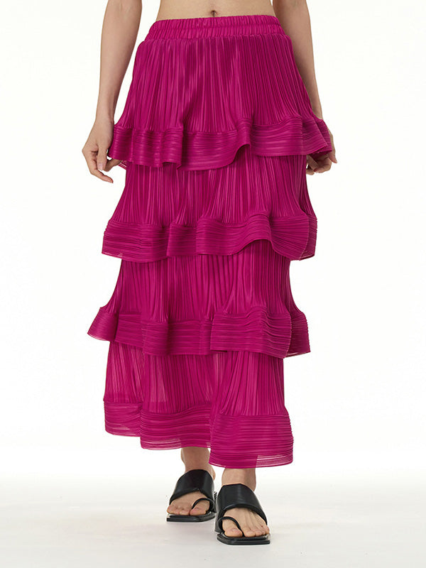 xakxx Loose Elasticity Layered Pleated Ruffled Solid Color Skirts Bottoms