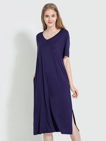 xakxx Simple Short Sleeves Loose Split-Side Solid Color V-Neck Pajamas Dress