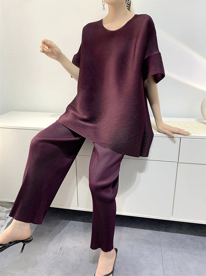 xakxx Elastics Pleated Solid Color Round-Neck T-Shirt + Wide Leg Pants Two Pieces Set