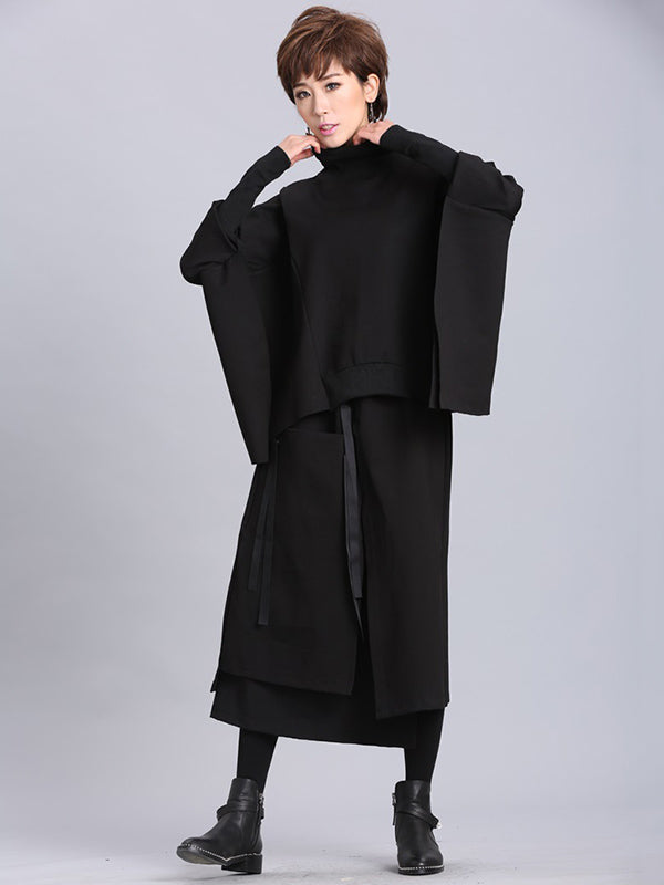 xakxx Solid Color Asymmetric High-Neck Loose Batwing Sleeve Sweatshirt