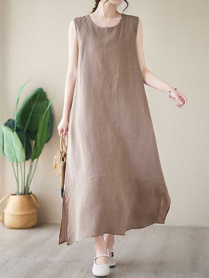 xakxx A-Line Loose Solid Color Round-Neck Midi Dresses