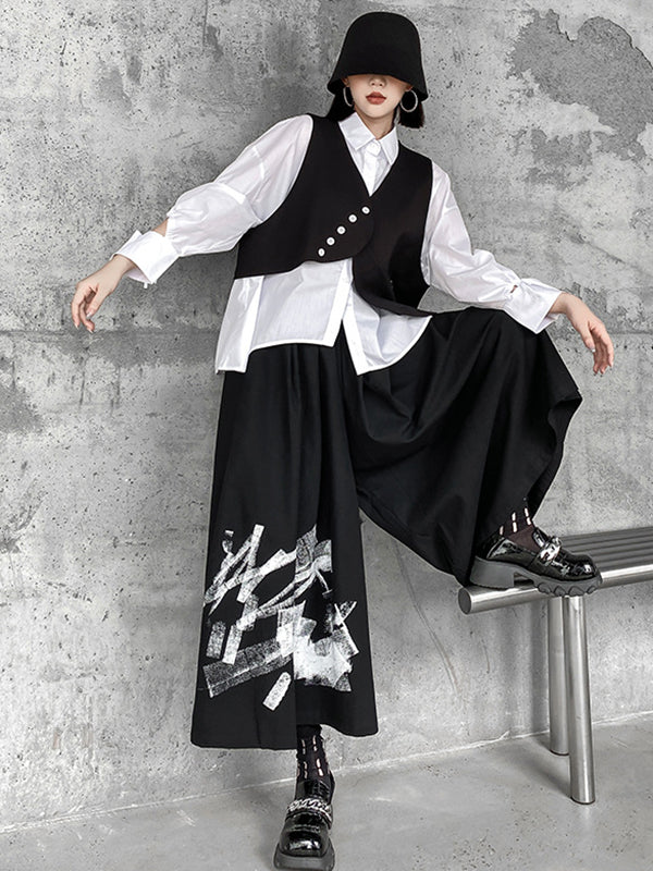 xakxx Original Loose Lace-Up Hollow Sleeve Blouse+Black Vest+Wide Leg Pants Culotte Three Pieces Set