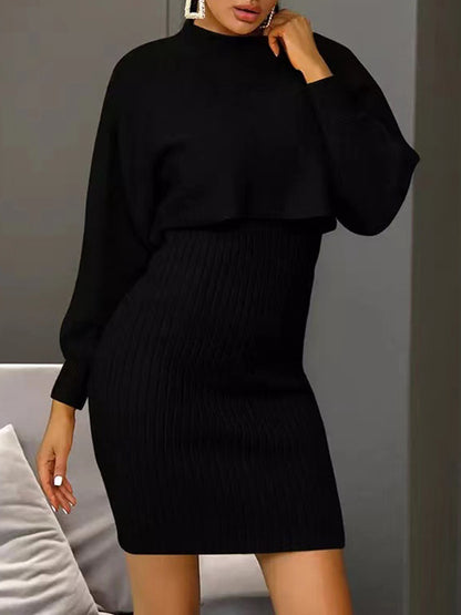 xakxx Long Sleeves Solid Color Round-Neck Sweater Top + Inner Dress Two Pieces Set