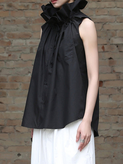 xakxx Sleeveless Pleated Solid Color Statement Collar Blouses&Shirts Tops