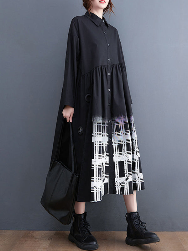 xakxx A-Line Long Sleeves Buttoned Gradient Plaid Lapel Midi Dresses