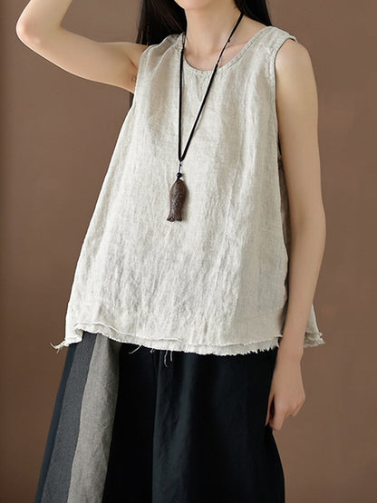 xakxx Loose Sleeveless Fringed Solid Color Round-Neck Vest Top