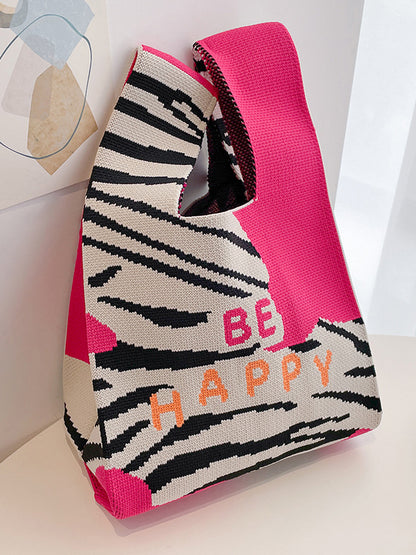 xakxx Letter Print Zebra-Stripe Bags Woven Handbag