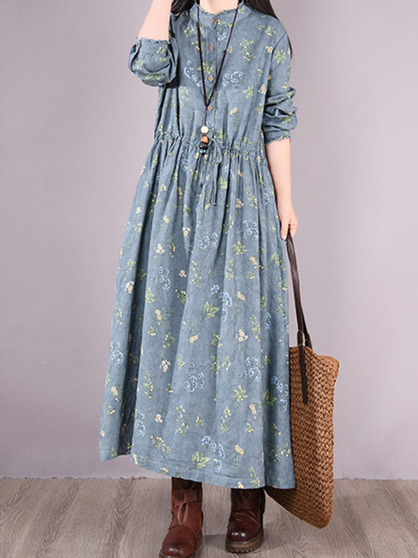 xakxx Vintage Floral Printed Ramie Cotton Loose Midi Dress