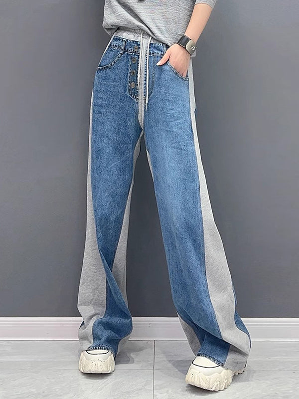 xakxx Loose Straight Leg Buttoned Contrast Color Drawstring Elasticity Split-Joint Pants Trousers