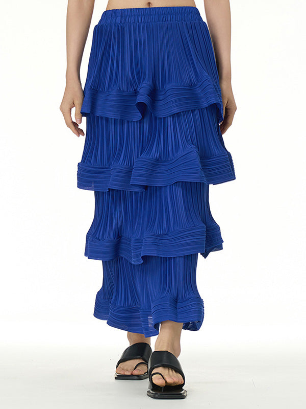 xakxx Loose Elasticity Layered Pleated Ruffled Solid Color Skirts Bottoms