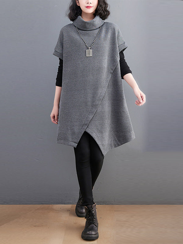 xakxx Short Sleeves Asymmetric Solid Color Split-Front High-Neck Knitwear Mini Dresses