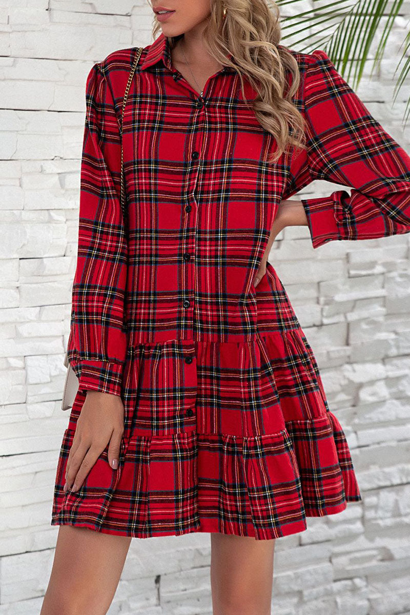 British Style Plaid Print Patchwork Turndown Collar Dresses(3 colors)