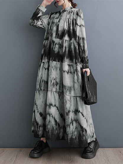 xakxx A-Line Long Sleeves Pleated Printed Split-Joint Stand Collar Midi Dresses