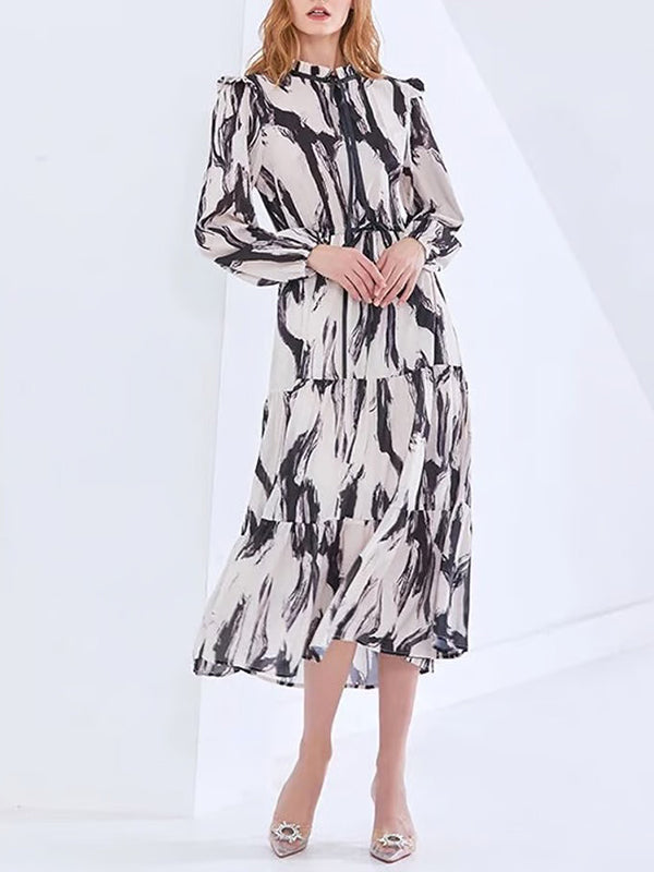 xakxx Long Sleeves Loose Elasticity Hollow Printed Split-Joint Tied Mock Neck Midi Dresses