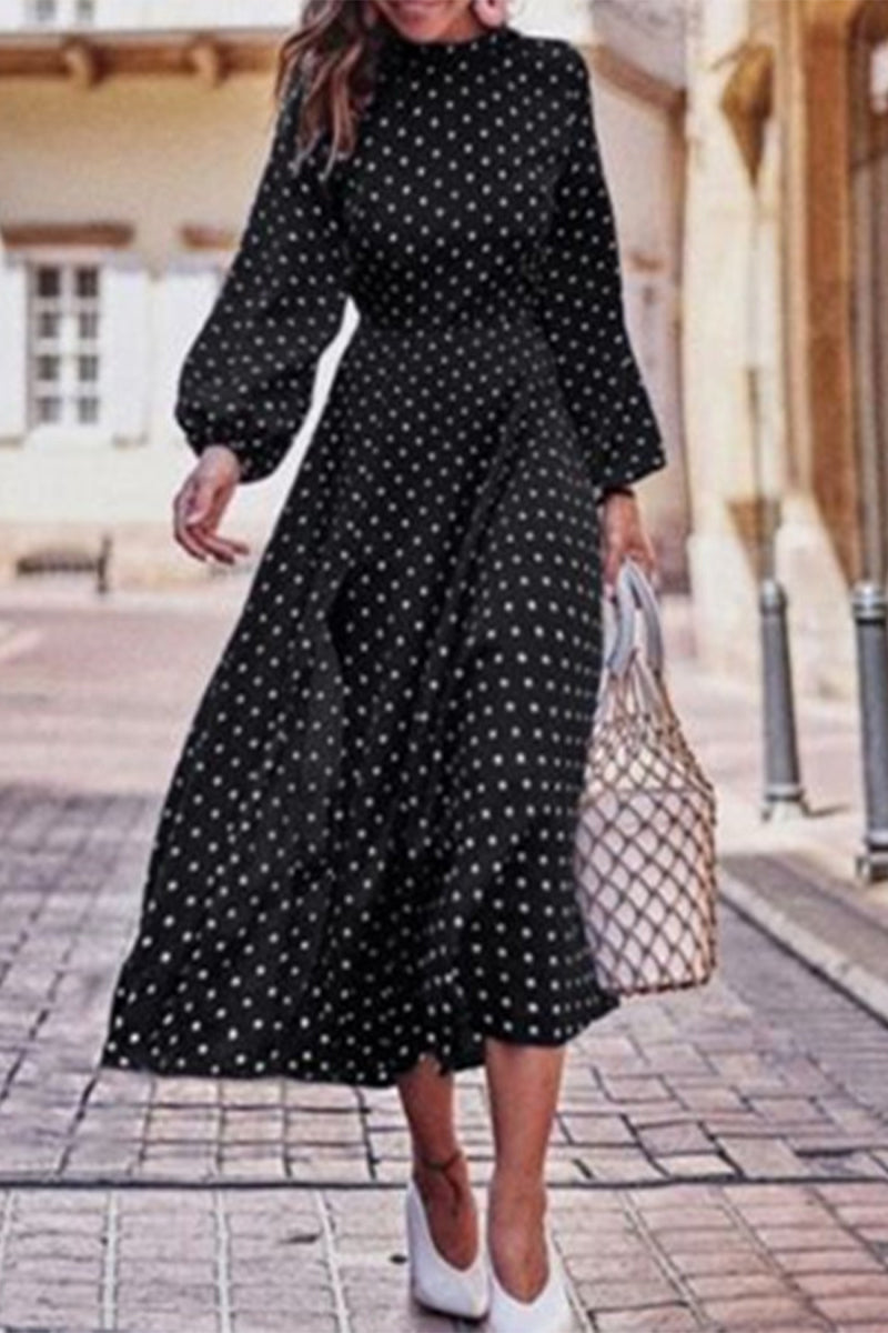 Fashion Print Patchwork O Neck Long Sleeve Dresses(3 Colors)