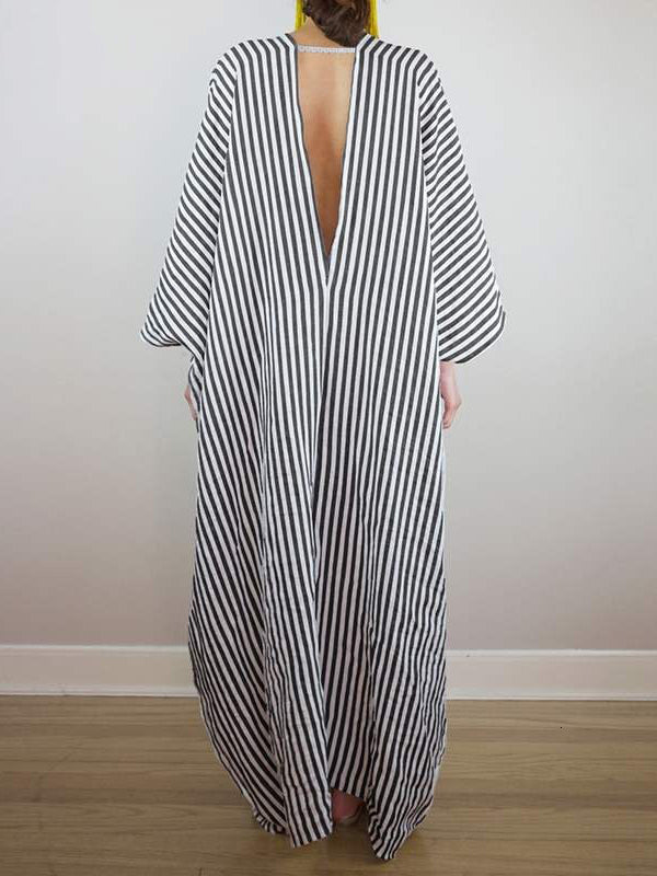 xakxx Batwing Sleeves Loose Striped V-Back Deep V-Neck Maxi Dresses