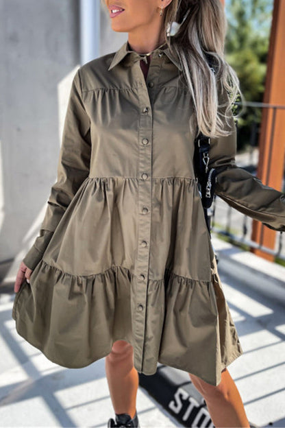 Casual Buckle Turndown Collar Shirt Dress Dresses(4 Colors)