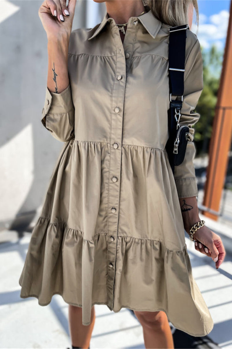 Casual Buckle Turndown Collar Shirt Dress Dresses(4 Colors)