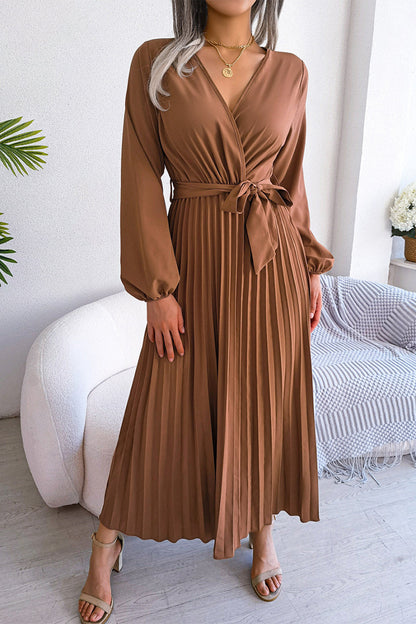 Elegant Solid Frenulum Fold V Neck Pleated Dresses(5 Colors)