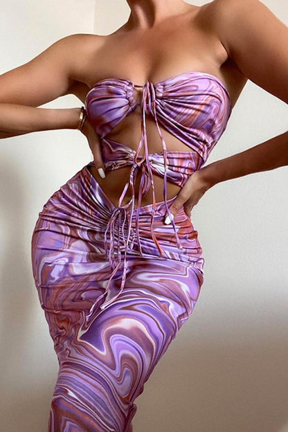 Sexy Party Print Hollowed Out Frenulum Asymmetrical Halter Dresses