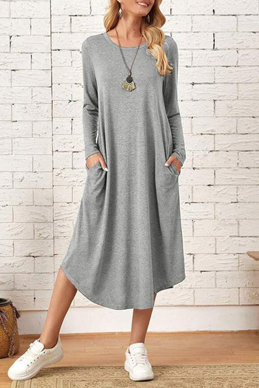 Casual Simplicity Solid Pocket O Neck Long Sleeve Dresses(6 Colors)